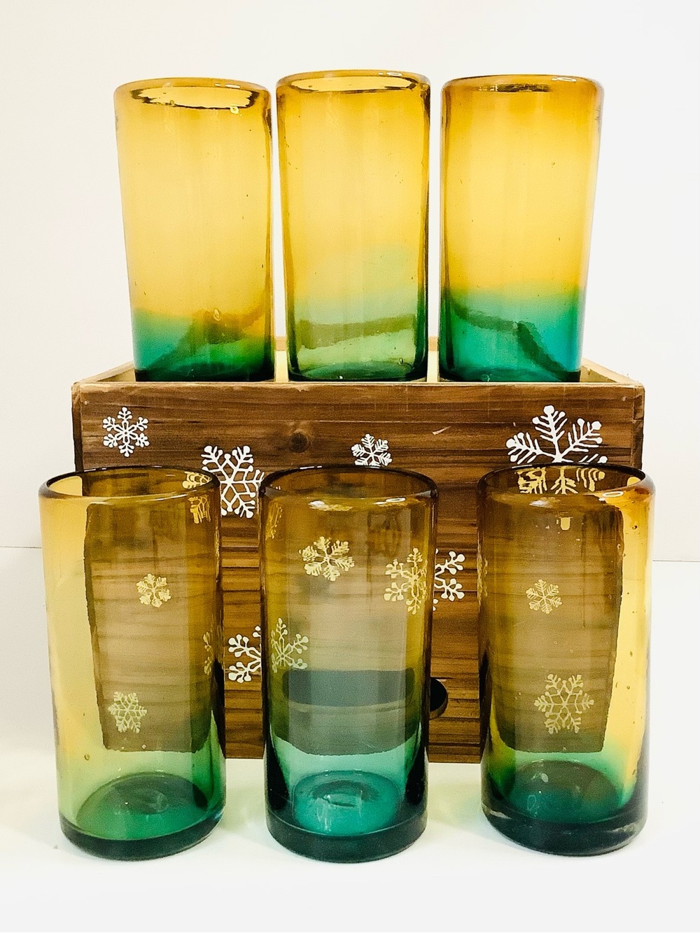 Vintage Set of 6 Hand-blown 70s MCM Amber Green Ombre Tumbler Drinking Glasses